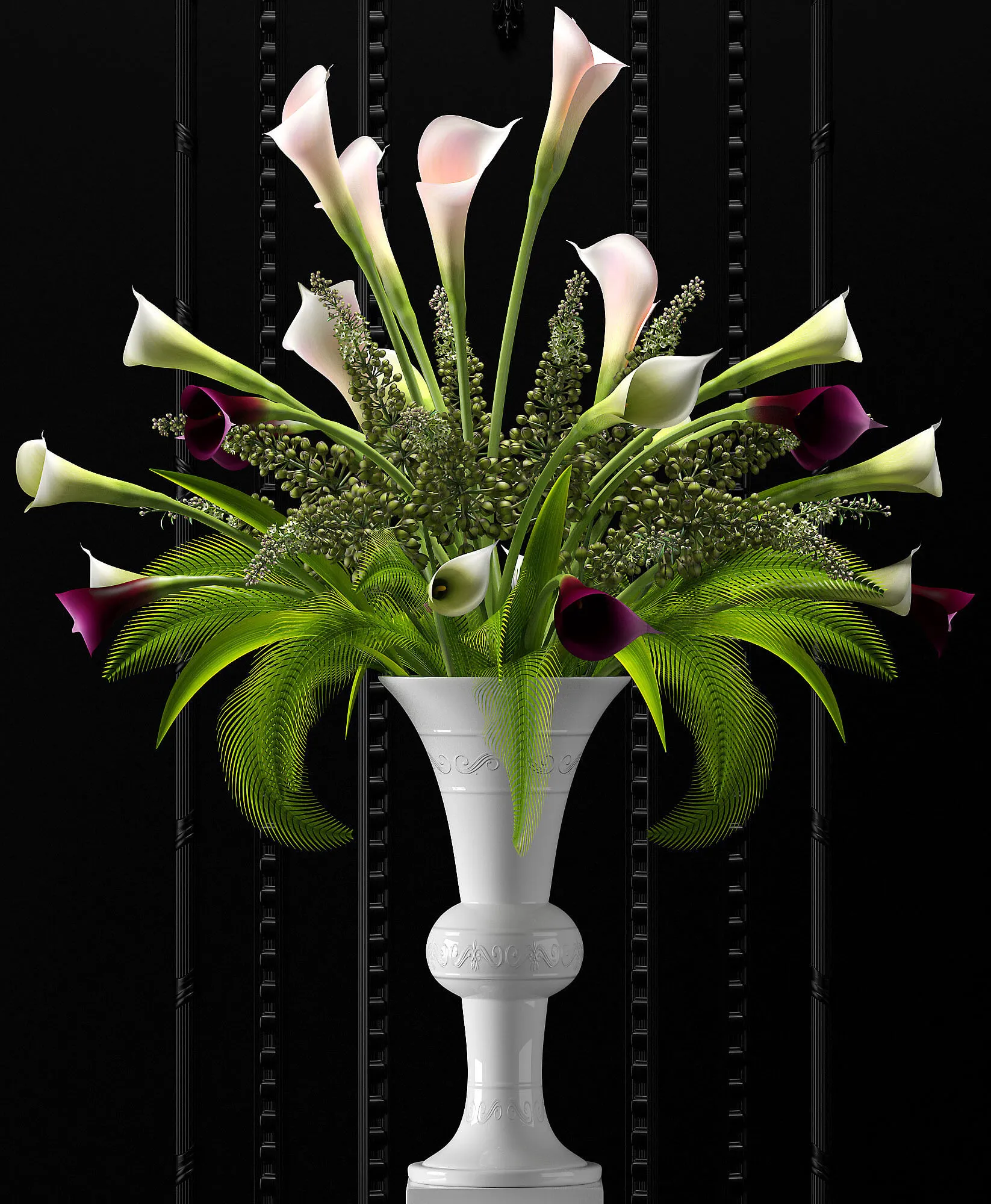 decoration – Tall vase with a bouquet of white and red calla 3ds Max