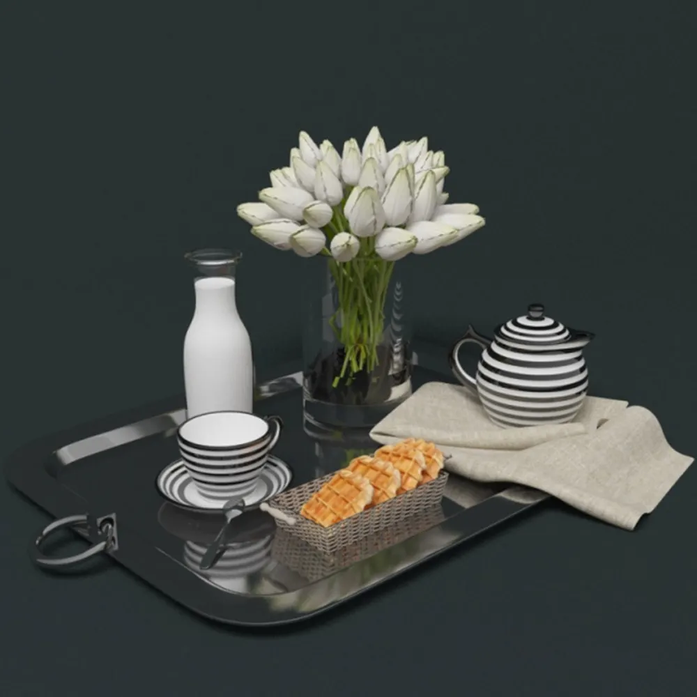 decoration – Tulips with a vase milk and cookies 3ds Max