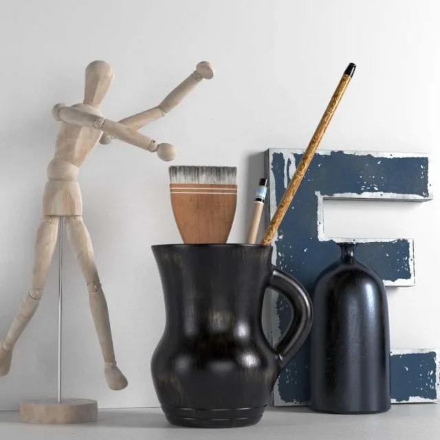 decoration – Wooden Mannequin Brushes in Pitcher and Bottle 3ds Max