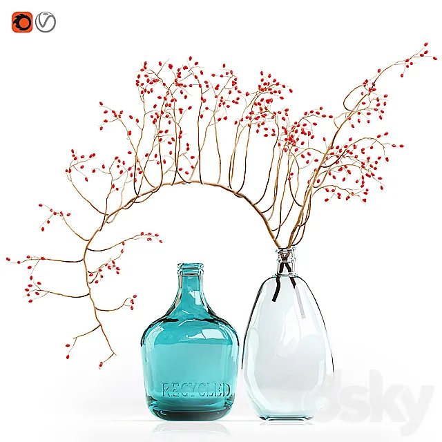 Decorative branch with red berries in a glass vase 3ds Max