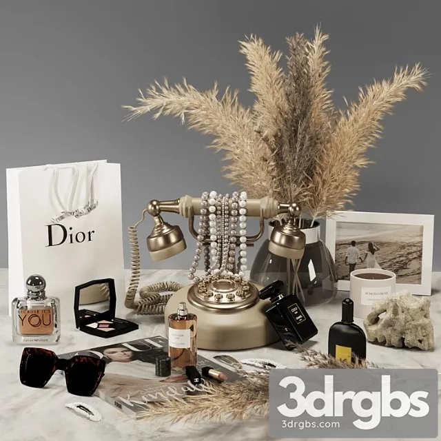 Decorative set 01 Cosmetics with pampas and antique telephone