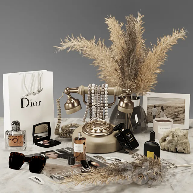 Decorative set 01_Cosmetics with pampas and antique telephone 3ds Max