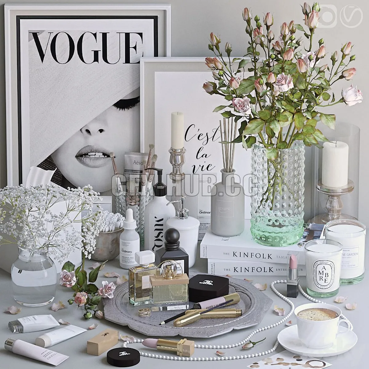 Decorative set 12 (dressing table decor with roses and cosmetics) 3dsMax Model