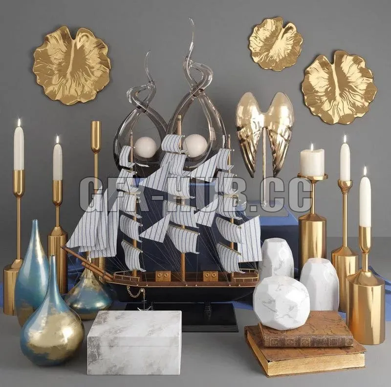 Decorative Set 12 with gold items 3dsMax Model