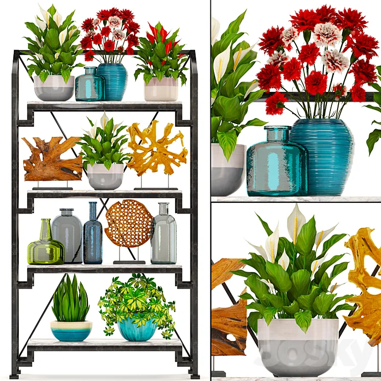 Decorative set. 8. Rack decor plants vase shelf with flowers Figurine 3DS Max