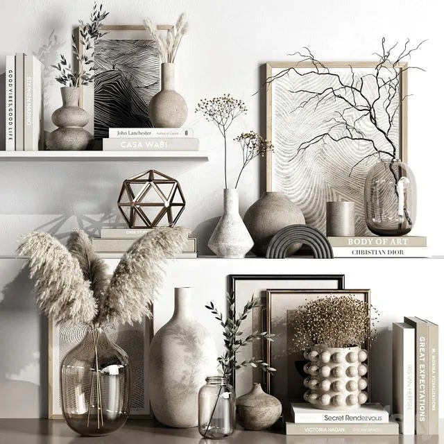 Decorative set 92 (dried flowers vases and paintings) 3dsMax Model