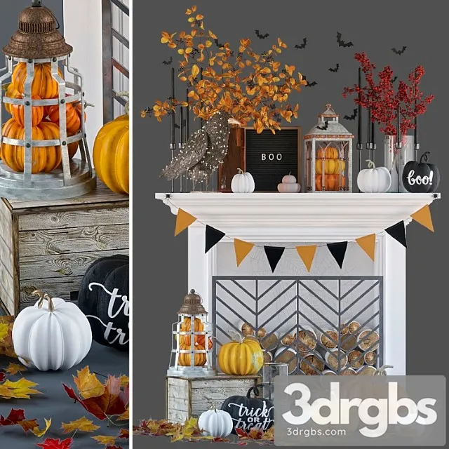 Decorative set Artificial fireplace with autumn decor 3dsmax Download