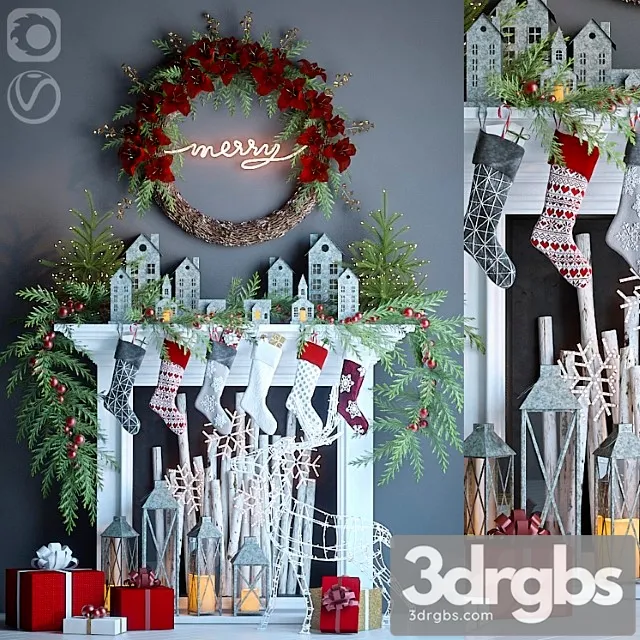Decorative set Artificial fireplace with christmas decor 3 3dsmax Download
