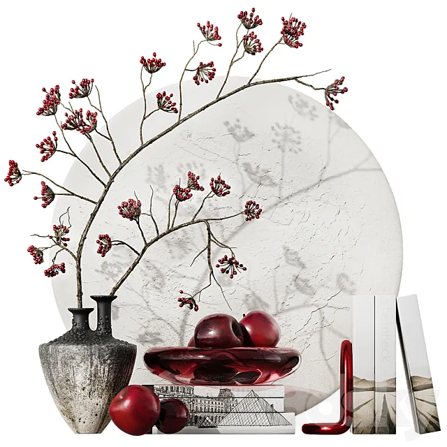 Decorative set. Branch with berries apples and plaster panel. 3dsMax Model