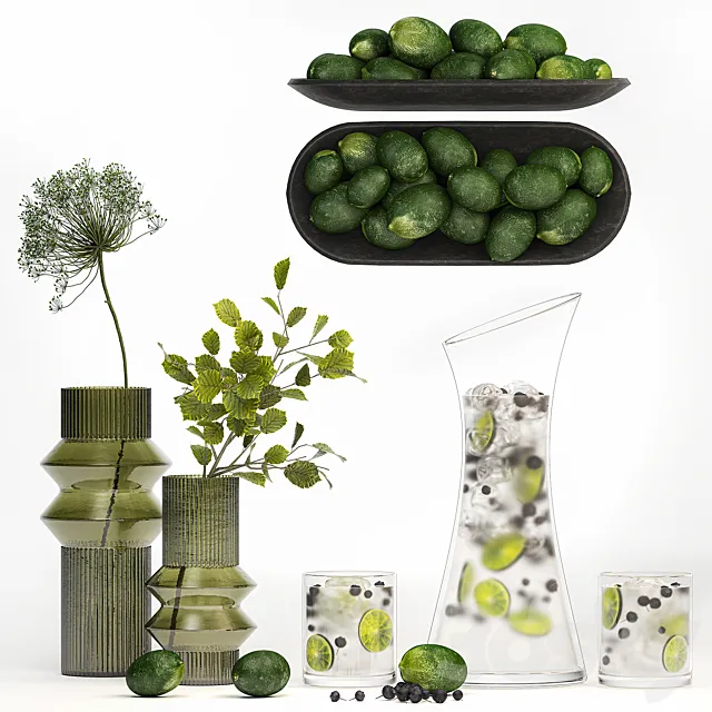 Decorative set of bouquets of green flowers in vases with lemonade in a decanter lime lemon borscht 3dsMax Model