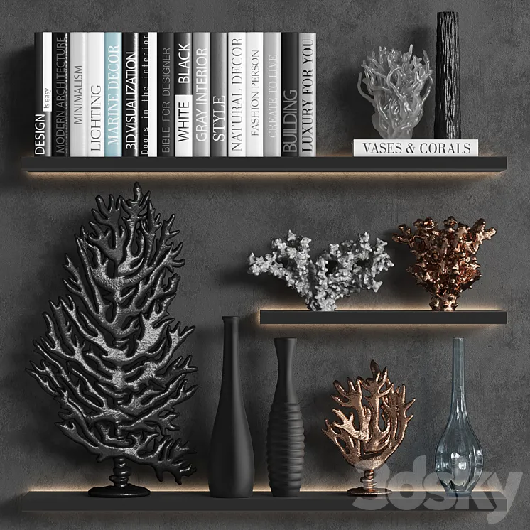 Decorative set of coral books and vases 3DS Max