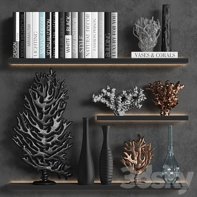 Decorative set of coral books and vases 3DSMax File