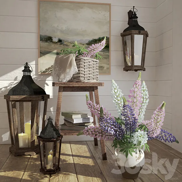 Decorative set of objects with a bouquet of lupine 3ds Max