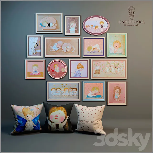 Decorative set of paintings and pillows for baby girls 3DSMax File