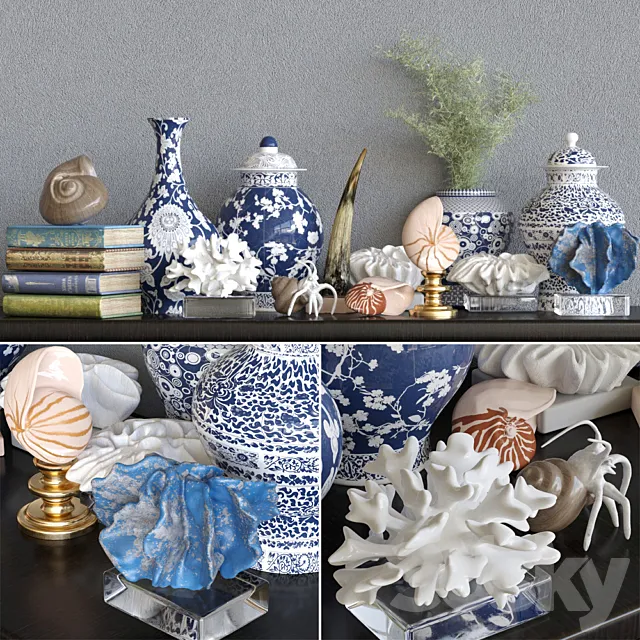 Decorative set of vases with porcelain so coral 24 3DSMax File