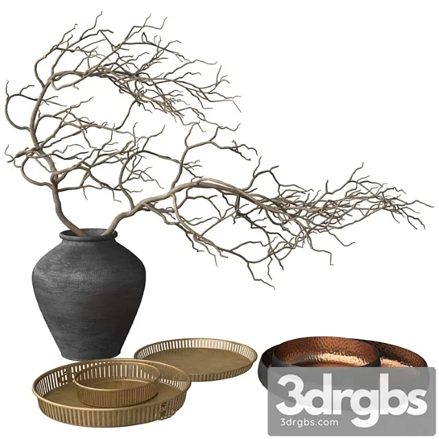 Decorative set Rustic set – vase branch copper bowl and brass tray 3dsmax Download