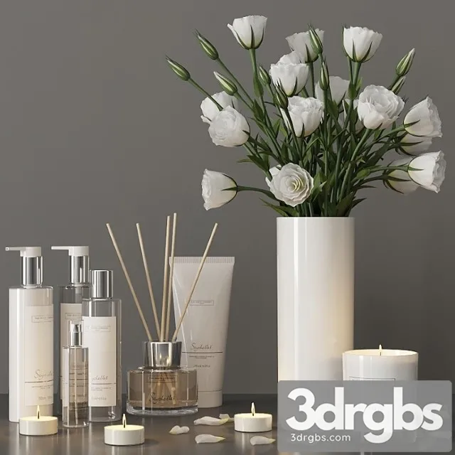 Decorative set with a bouquet of lisianthus and cosmetics