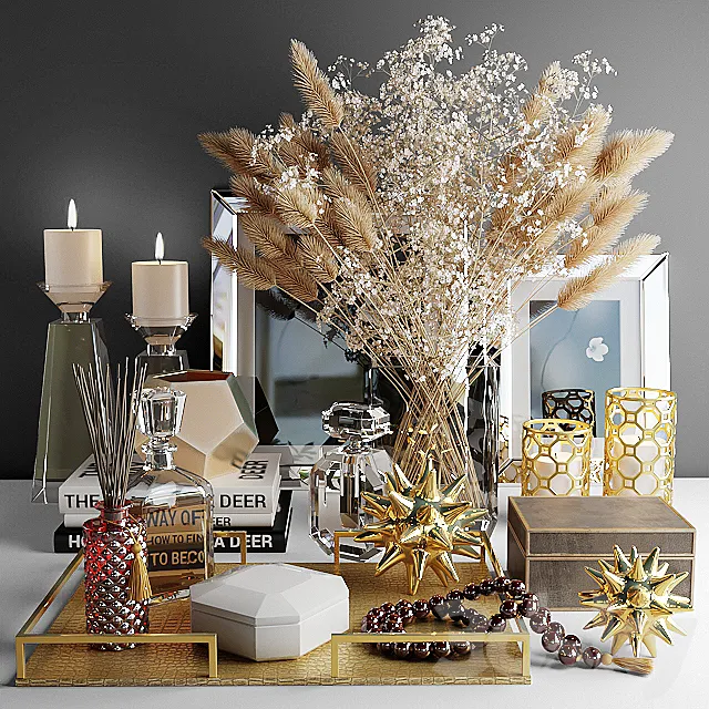 Decorative set with a bouquet of white flowers and dry grass 3DS Max Model