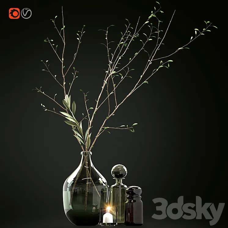 Decorative set with branches and glass bottles 3DS Max