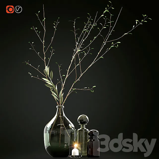 Decorative set with branches and glass bottles 3DSMax File