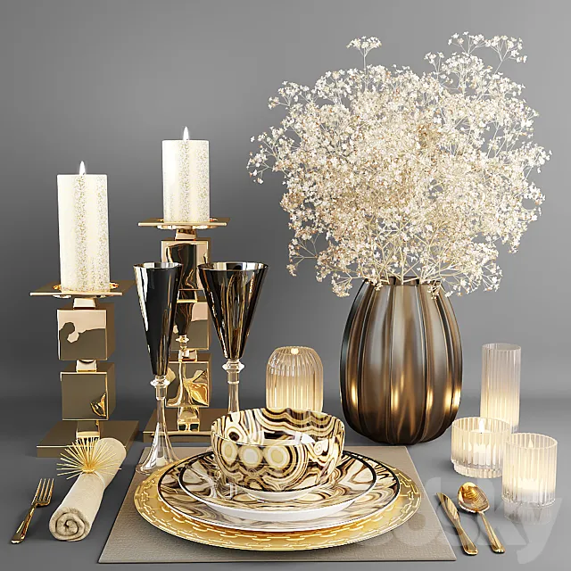 Decorative set with dishes and a bouquet of white flowers 3ds Max