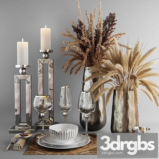 Decorative set with dishes and bouquets of dry grass 3dsmax Download