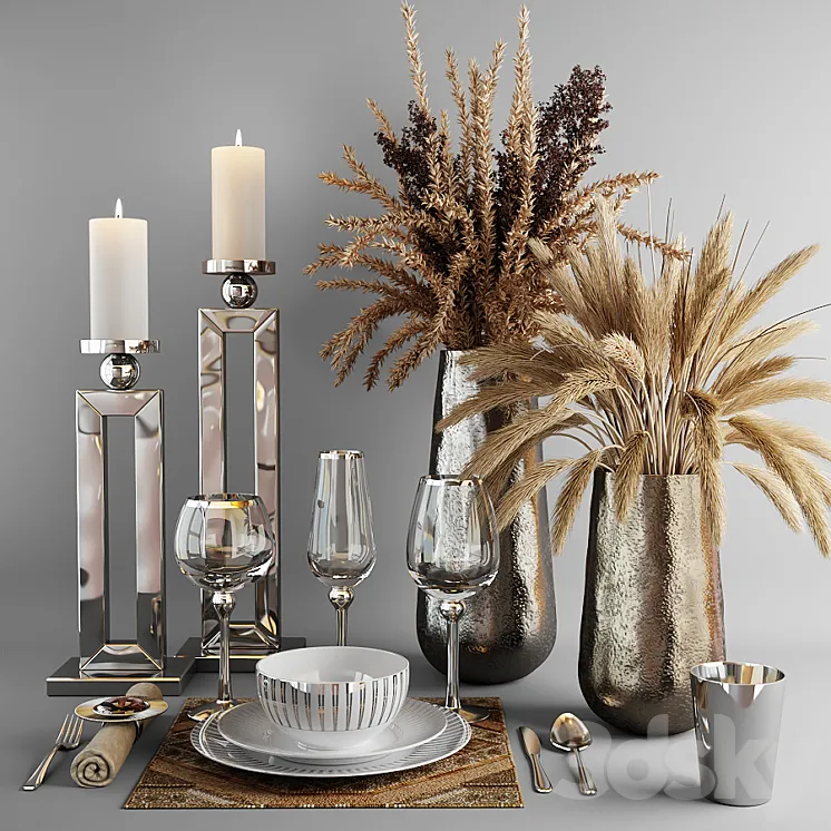 Decorative set with dishes and bouquets of dry grass 3DS Max