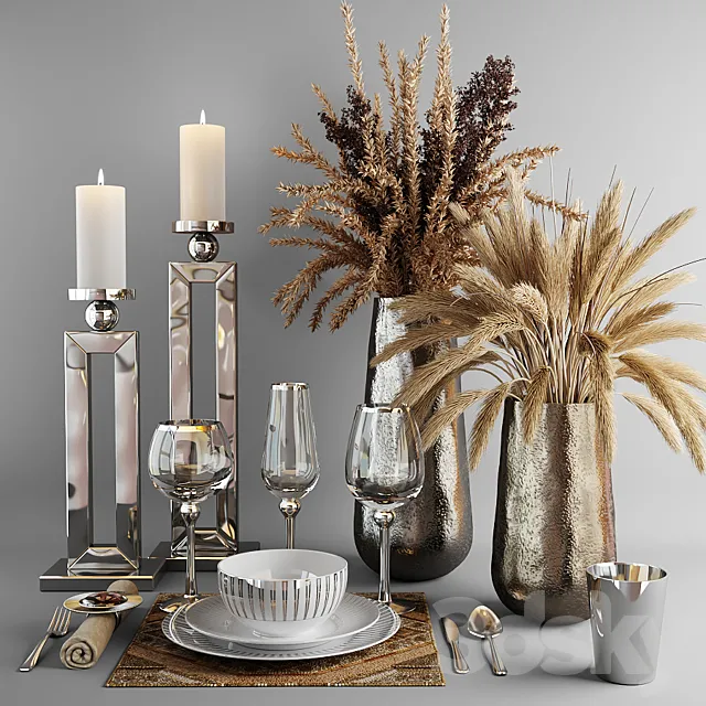 Decorative set with dishes and bouquets of dry grass 3DSMax File