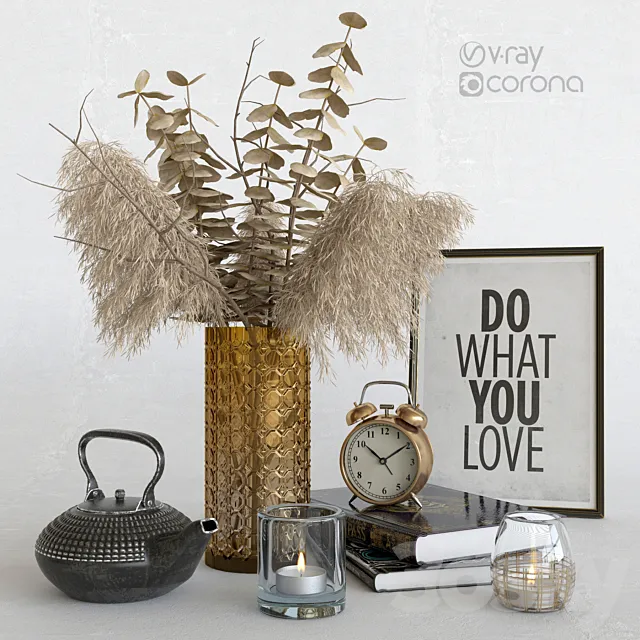 Decorative set with dry plants. Dark decor. 3ds Max
