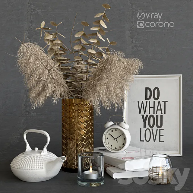 Decorative set with dry plants. Light decor. 3ds Max