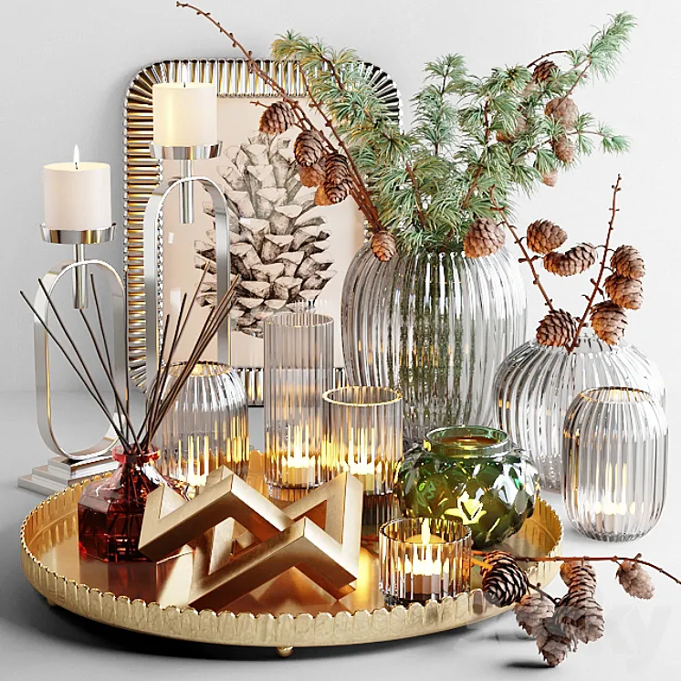 Decorative set with larch branch and candles 3DS Max
