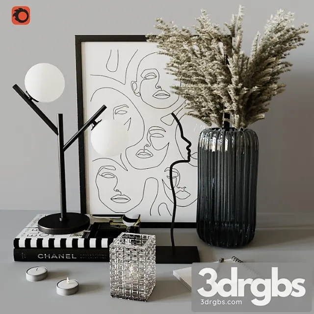 Decorative set with ribbed glass vase