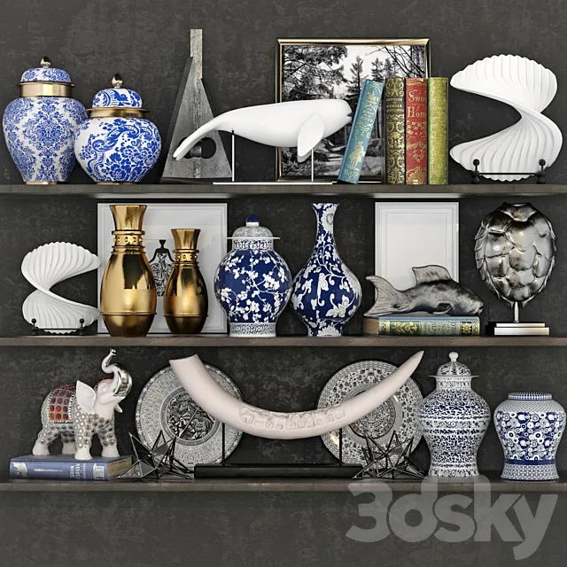 Decorative set with vases books and figurines 23 3ds Max