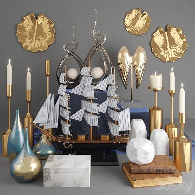 Decorative set with vases ship and figurines with gilding 18 3dsMax Model