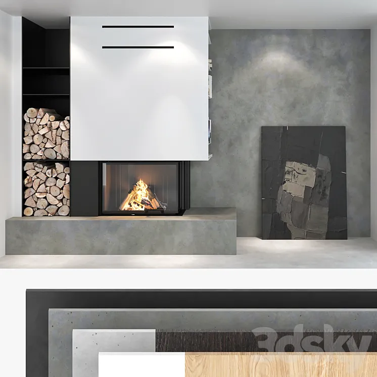 Decorative wall with fireplace set 02 3DS Max