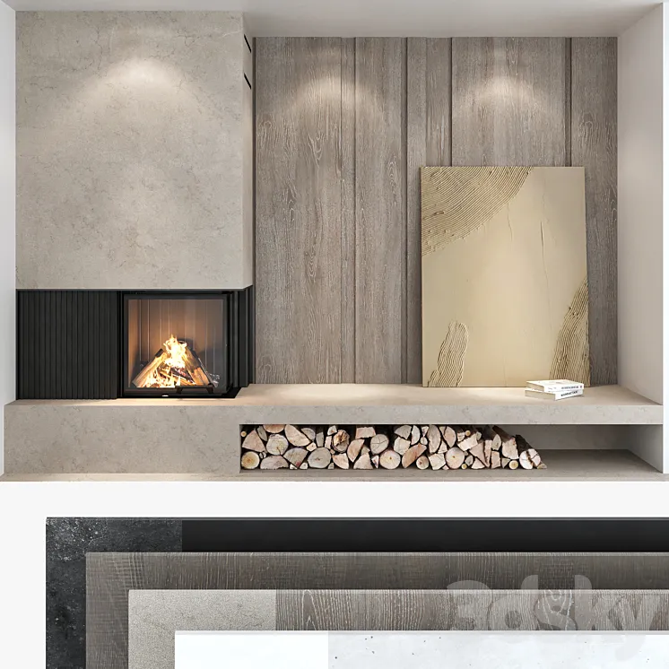 Decorative wall with fireplace set 03 3DS Max
