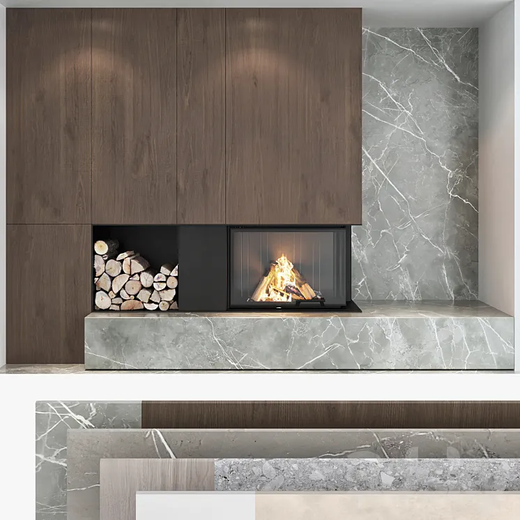 Decorative wall with fireplace set 04 3DS Max