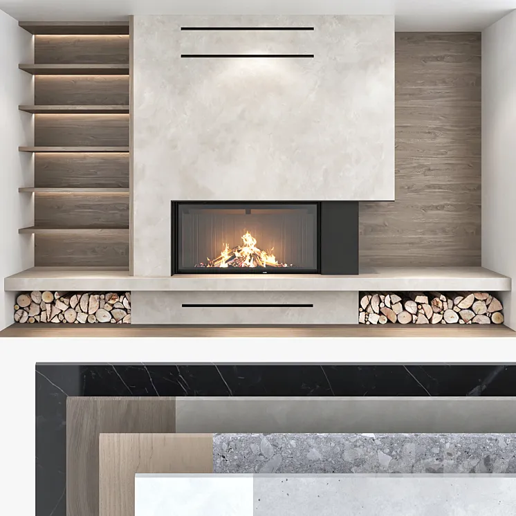 Decorative wall with fireplace set 07 3DS Max