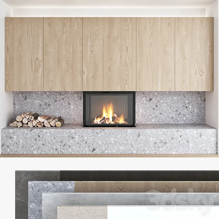 Decorative wall with fireplace set 10 3DS Max