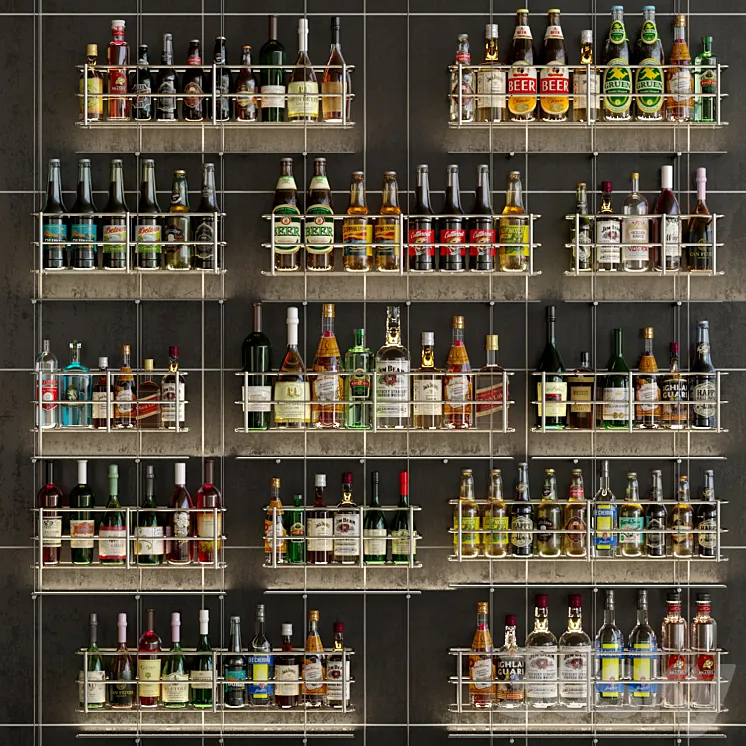 Design project of a bar or restaurant with a beautiful arrangement of bottles. Alcohol 3DS Max