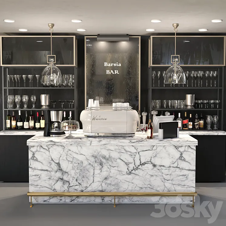 Design project of a bar with a marble bar and wine. Alcohol 3DS Max