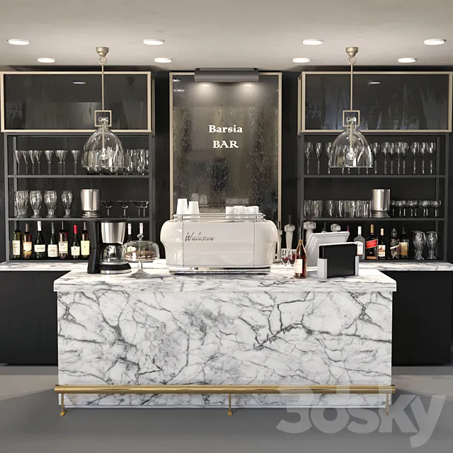 Design project of a bar with a marble bar and wine. Alcohol 3DSMax File