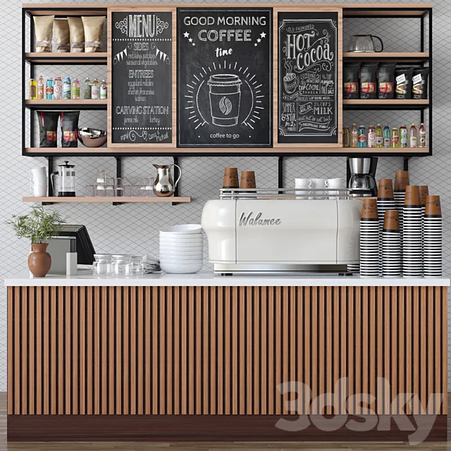 Design project of a cafe in ethnic style with a coffee machine and accessories on the shelves 3DSMax File
