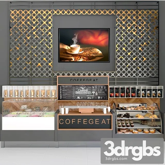 Design project of a cafe with a panel and a refrigerator with desserts and sweets. coffee house 3dsmax Download