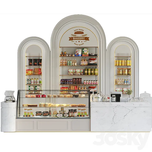 Design project of a coffee house in a classic style with a showcase with desserts and sweets 3DS Max Model