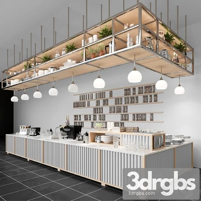 Design project of a coffee house in loft style with a coffee machine and dishes. cafe 3dsmax Download