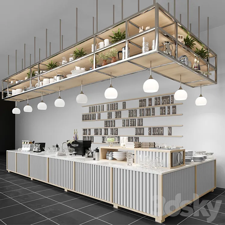 Design project of a coffee house in loft style with a coffee machine and dishes. Cafe 3DS Max