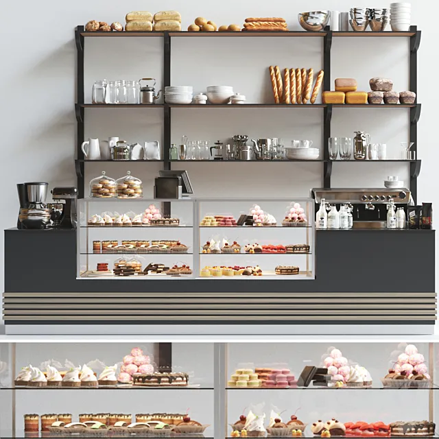 Design project of a coffee point in a minimalist style with a showcase with desserts and sweets. Cafe 3DS Max Model