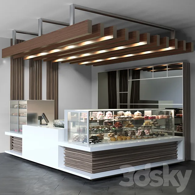 Design project of a coffee point with a confectionery showcase and desserts. Cafe 3DS Max Model