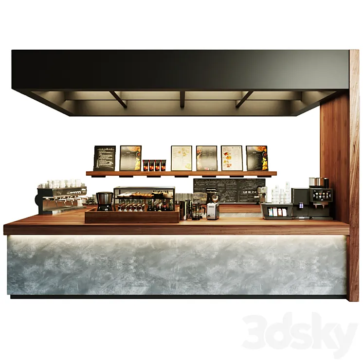 Design project of a coffee shop with a showcase with desserts and sweets and a coffee machine. Cafe 3DS Max Model